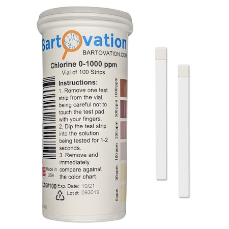 Bartovation Free Chlorine Test Strips, 0-1000 ppm ( Vial of 100 Plastic Strips) PCL05V100