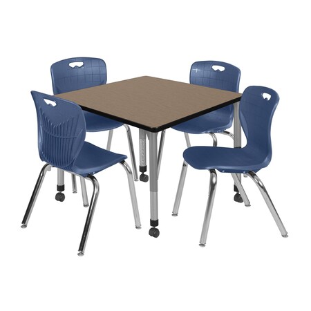 Regency Square Kee Mobile Adjustable Classroom Table W/ 4 Andy Chairs, 36 in W, 36 in L, Noble Oak TB3636NOAPCGY40NV