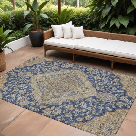 Homeroots 9' X 12' Navy Blue Beige And Brown Oriental Washable Indoor Outdoor Area Rug 605257