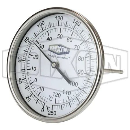 Dixon 52 Series Bi-Metal Adjustable Thermometer, 5 in Dial, 1/2 in MNPT Connection, 2-1/2 in L Stem, 0 to 52025064