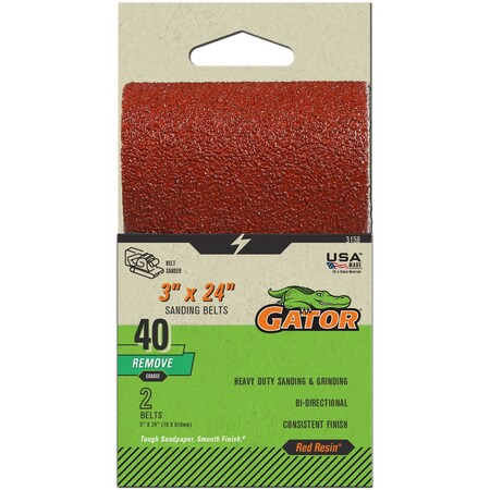 Gator Finishing Red Resin 3 x 24 in. Sanding Belt, 40 Grit, Coarse, 2PK 3158