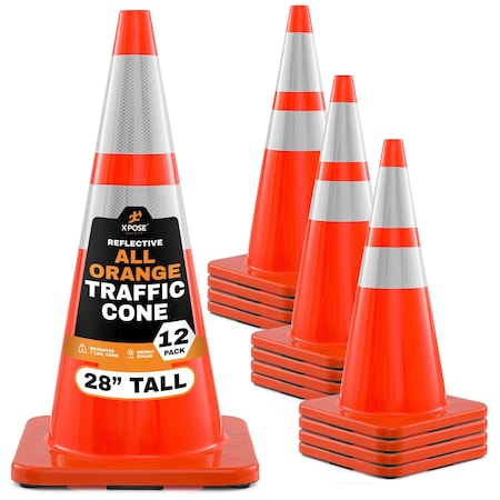 Xpose Safety 28 Inch Multipurpose PVC Orange Traffic Cones with 6in and 4in Collars, DOT Approved, 12PK AOTC28-64-12-X