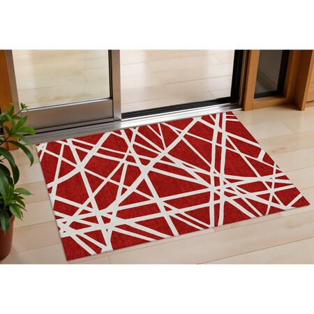 Homeroots 3' X 5' Red And Ivory Geometric Washable Indoor Outdoor Area Rug 600486
