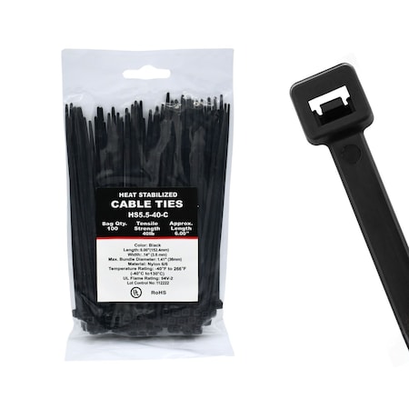Cable Ties Unlimited Heat Stabilized Cable Tie, 5.5 in L, 40 lb Strength, 1.1 in Max Bundle Dia, UV-Res, Blk, 100PK HS5.5-40-C
