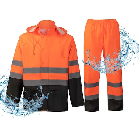 Protectx Safety Rain Jacket and Pant Suits, Polyester, Class Class 2 Orange, M ST-RS150D-ORBK-M-01