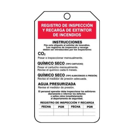 Spanish Safety Tags, FIRE EXTINGUISHER RECHARGE & INSPECTION RECORD, 5.75inx3.25in, 5PK