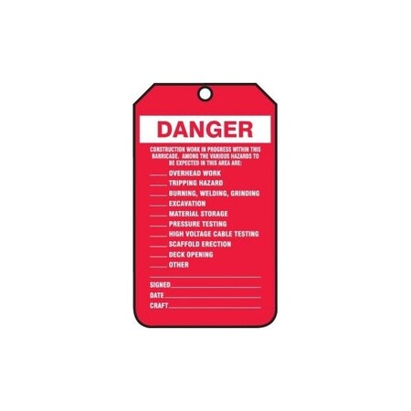 Wisconsin Construction Work Tag Accuform Safety Tags, DANGER CONSTRUCTION WORK IN PROGRESS, 5.75in x 3 ...