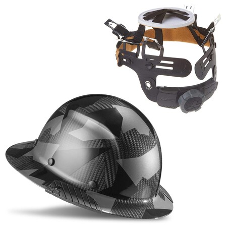 thumbnail interactive-video image 1 of DAX Carbon Fiber Full Brim Hard Hat - Black Camo Safety Helmet With Ratchet Adjustment 1 of 6
