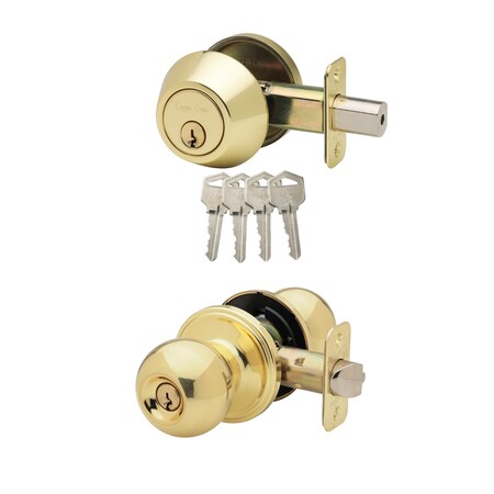 Copper Creek Door Knob & Deadbolt Set - Keyed Alike Polished Brass Combo For Home Security