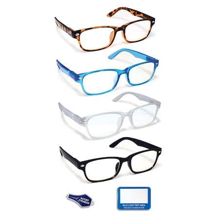 Blue Light Blocking Reading Glasses, Antiglare Lenses, Traditional Frames, 4PK