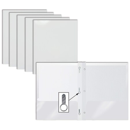 2 Pocket Glossy Laminated Paper Folders Portfolio With Prongs, Letter Size, White, 25PK