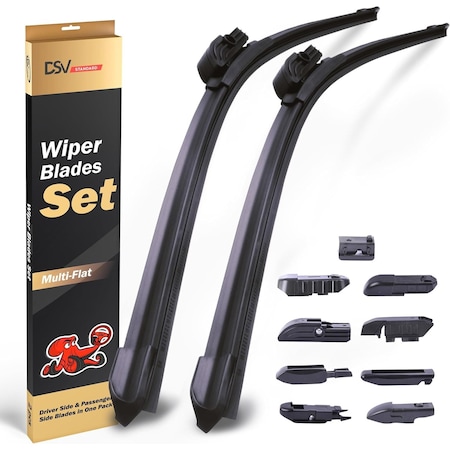 DSV Multi-Flat Windshield Wiper Blades Set, 26in and 20in w/ 9 Adapters