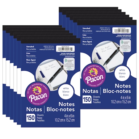 Pacon Unruled Note Pad, White, 4in x 6in, 150 Sheets Per Pad, PK12 ...