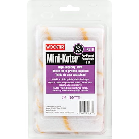 Wooster Yarn Paint Roller Cover, Smooth, 4" L, PK10 R116-4