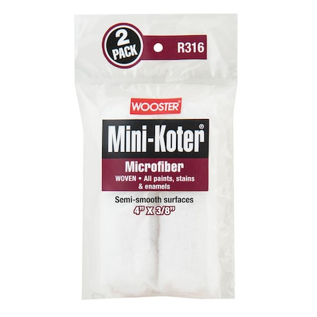 Wooster 4" Mini Paint Roller Cover, 3/8" Nap, Microfiber, 2 PK R316-4