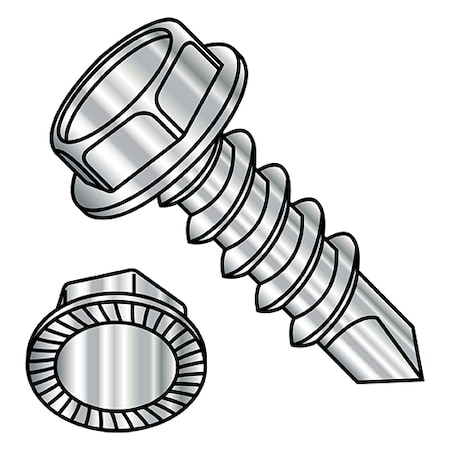 Zoro Select Self-Drilling Screw, #14 x 1 in, Plain 18-8 Stainless Steel Flange Hex Head External Hex Drive 141607KWS188
