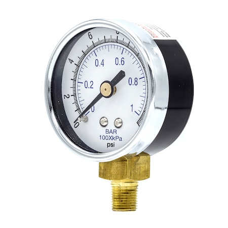 Pic Gauges Air Gauge, 2", 0/15 psi, 1/8"Mount, 2 in Dial, 1/8 in NPT Male Lower Location 101D-208B