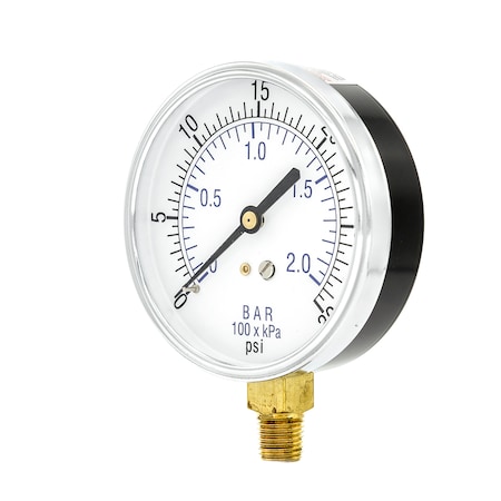 Pic Gauges Air Gauge, 3-1/2", 0-30 psi, 1/4" Mount, 3 1/2 in Dial, 1/4 in NPT Male Lower Location 101D-354C