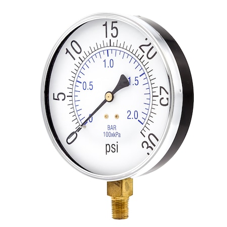 Pic Gauges Air Gauge, 4-1/2", 0-30 psi, 1/4" Mount, 4 1/2 in Dial, 1/4 in NPT Male Lower Location 101D-454C