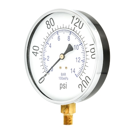 Pic Gauges Air Gauge, 4-1/2", 0-200 psi, 1/4" Mount, 4 1/2 in Dial, 1/4 in NPT Male Lower Location 101D-454G