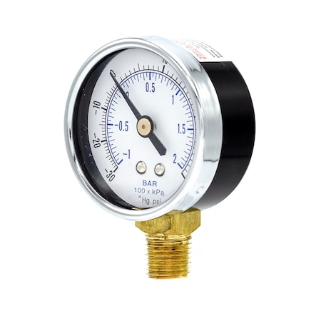 Pic Gauges Air Gauge, 2", 30/0/30 psi, 1/4" Mount, 2 in Dial, 1/4 in NPT Male Lower Location 101D-204CC