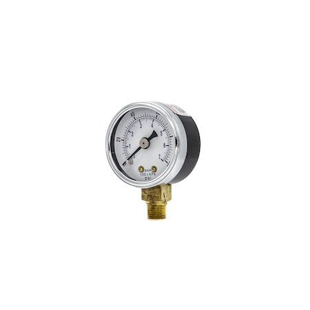 Pic Gauges Air Gauge, 2", 0/100 psi, 1/4" Mount, 2 in Dial, 1/4 in NPT Male Lower Location 101D-204E