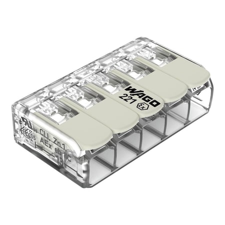 Wago Push-In Wire Connector, 10 AWG Max, 5 Port, Gray, Polycarbonate Insulation, 440 V, 30 A 221-685