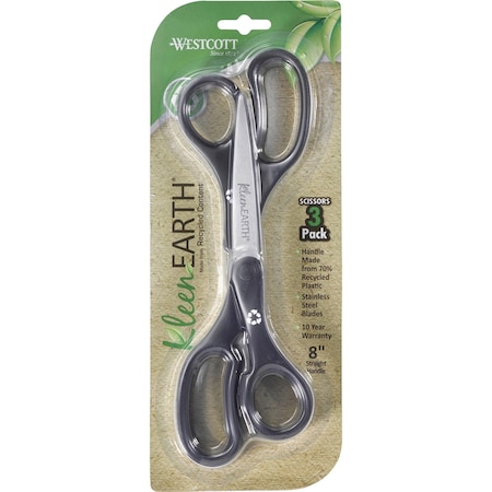 Westcott Scissors, 8" KleenEarth Basic Straight Scissors, Black, 3-Pack 15585