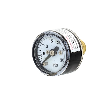Pic Gauges Air Gauge, 1", 0-30psi, 1/8"Mount, 10/32"Tap, 1/8 in NPT Male Center Back Location 102D-108C