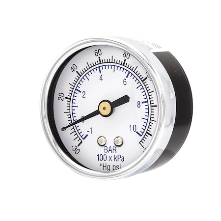 Pic Gauges Air Gauge, 2", 30/0/150 psi, 1/4" CBM, 2 in Dial, 1/4 in NPT Male Center Back Location 102D-204CF