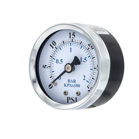 Pic Gauges Air Gauge, 2", 0-30psi, 1/8"CBM, Low Profile, 2 in Dial, 1/8 in NPT Male Center Back Location 102D-208C-LP