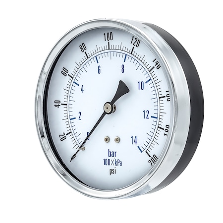 Pic Gauges Air Gauge, 4-1/2", 0-200 psi, 1/4" CBM, 4 1/2 in Dial, 1/4 in NPT Male Center Back Location 102D-454G