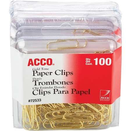 Acco Clips, Paper, No.2, Gold Tone, PK4 72554