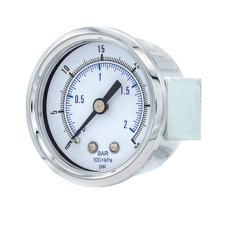 Pic Gauges Air Gauge, 2", 0/30 psi, 1/4" CBM U-Clamp, 2 in Dial, 1/4 in NPT Male Back Location 103D-204C