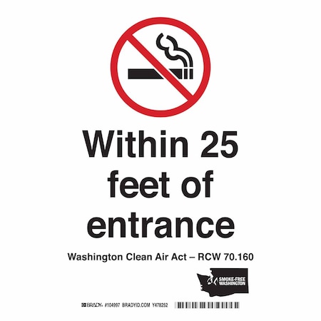 Brady No Smoking Sign, 10" H, 7 in W, Rectangle, English, 104997 104997