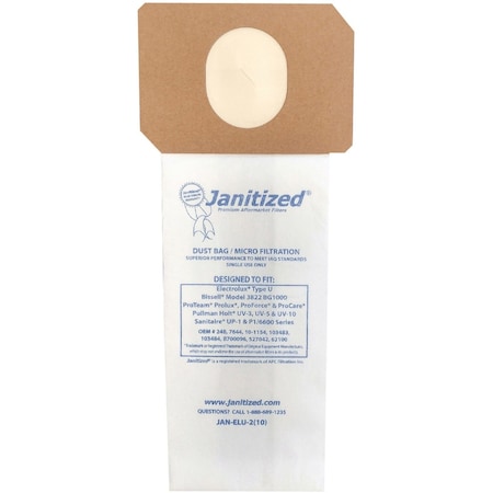 Janitized Filter Bag, Rplcs Electrolux Type U, PK10, 2-ply, Micro Filter, 10 PK JAN-ELU-2(10)