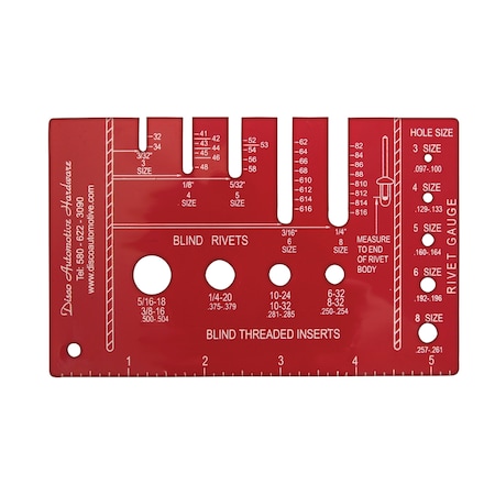 Disco Red Plstc Pop Rivet Gauge Measure sizes 3/32"-1/4" Dia 11410