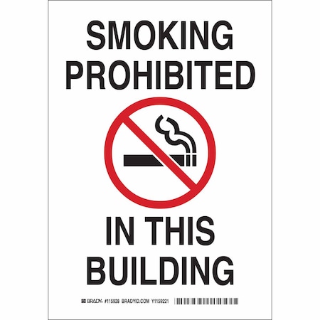 Brady No Smoking Sign, 14 in H, 10" W, Plastic, Rectangle, English, 116093 116093