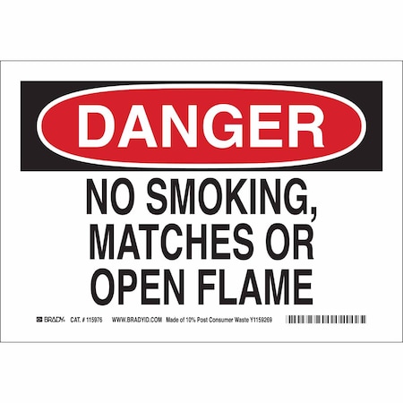 Brady No Smoking Sign, 10" H, 14 in W, Plastic, Rectangle, English, 116141 116141