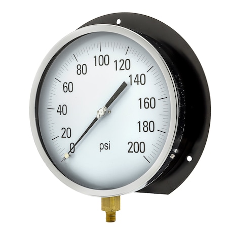 Pic Gauges Gauge, 8.5", 0/200psi, 1/4"LM, Back Flange, 8 1/2 in Dial, 1/4 in NPT Male Bottom Location 115D-854G
