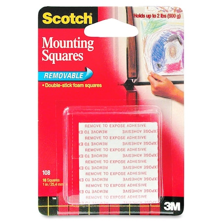 Scotch Mounting Tape Squares, Removable, 1"x1" , 16/PK 108