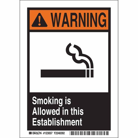 Brady Warning, Smoking Is Allowed In This Establishment, 10 in x 7 in, Rectangle, Vinyl, 123060 123060