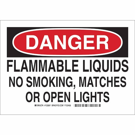 Brady Danger No Smoking Sign, 10" H, 14 in W, Plastic, Rectangle, English, 123693 123693