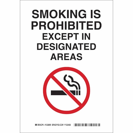 Brady No Smoking Sign, 10" H, 7 in W, Rectangle, English, 123897 123897