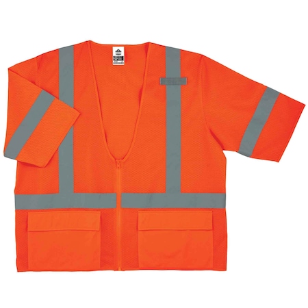 Ergodyne Hi-Vis Economy Vest w/Sleeves Xl Class 3 U Back, , Zipper 3 Pockets, 1 Mic Tab 8320Z