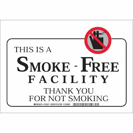 Brady No Smoking Sign, 10" H, 14 in W, Rectangle, English, 123912 123912