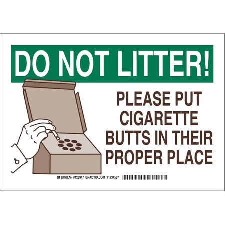 Brady No Smoking Sign, 10" H, 14 in W, Plastic, Rectangle, English, 123949 123949