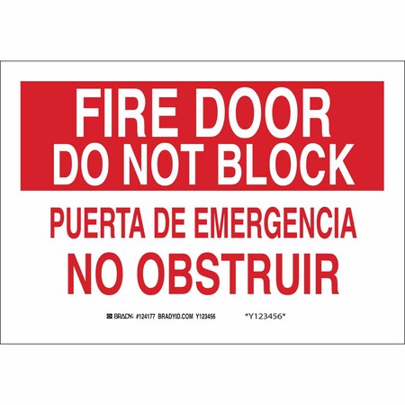 Brady Fire Door Sign, Plastic, 14" W, 10" H, Puerta De Emergencia No Obstruir, White 124179