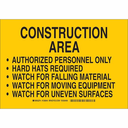 Brady Construction Site Sign, 7 in Height, 10 in Width, Aluminum, Rectangle, English 126846