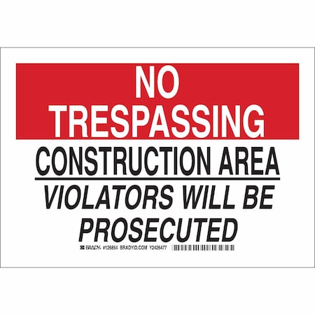 Brady Construction Site Sign, 7 in Height, 10 in Width, Polyester, Rectangle, English 126854